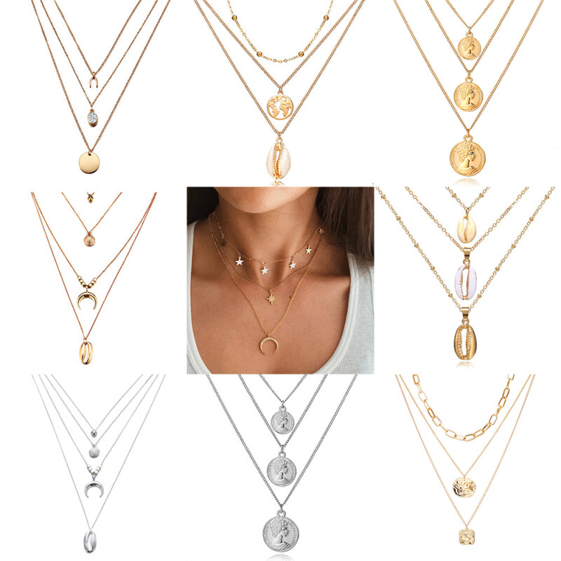 Personalized Retro Bohemian Coin Moon Shell Map Beaded Necklaces For Women Multi Layer Gold Sliver Necklaces fashion jewelry