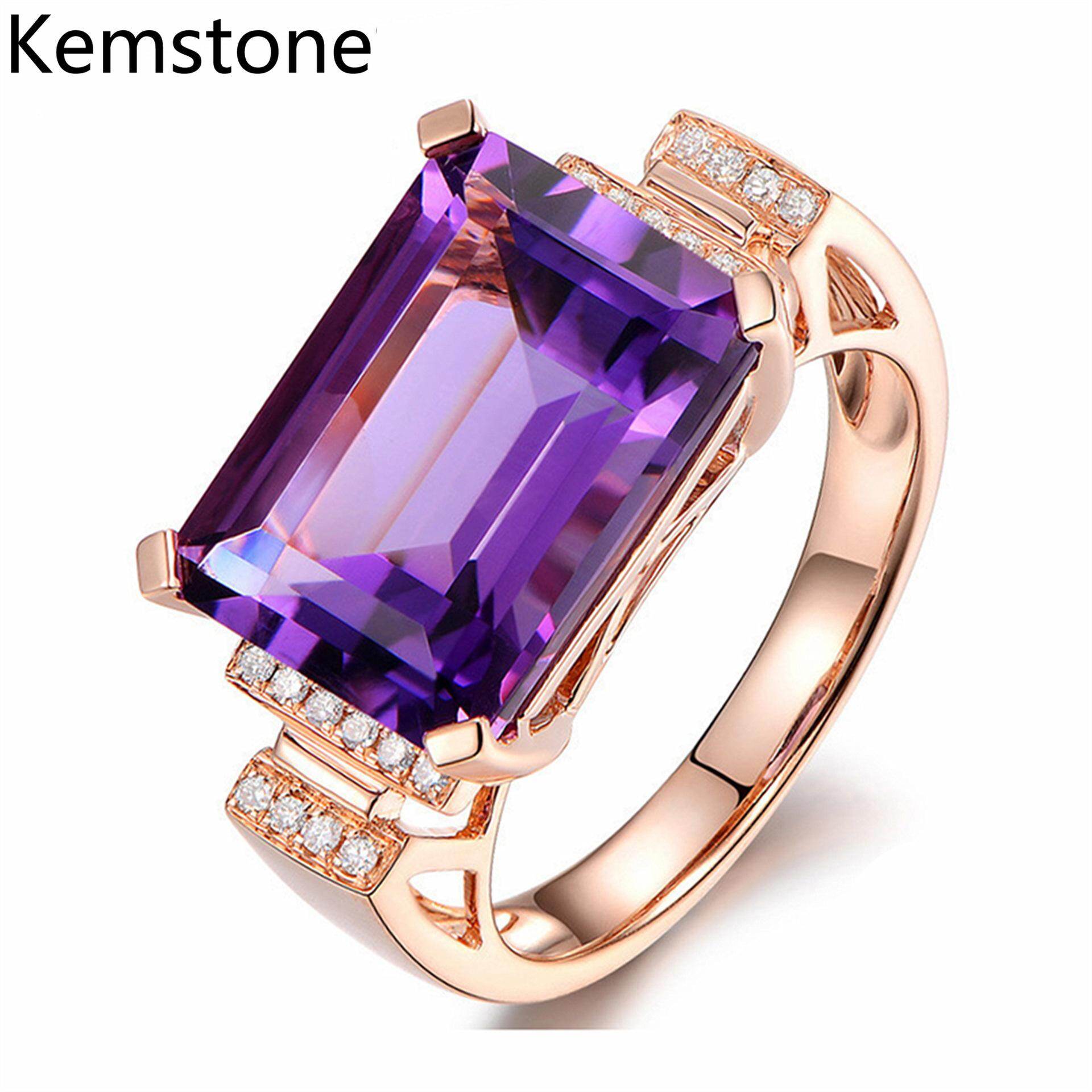 Kemstone Fashion Engagement Ring Rose Gold Plated Copper Rectangle Amethyst Zircon Rings for Women