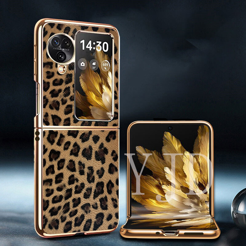 YJD Case For OPPO Find N3 Flip Leopard Print Series Leather Electroplated Edge Shockproof Phone Case