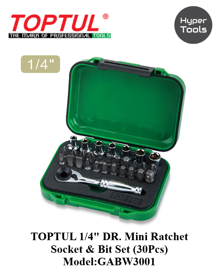 30PCS 1/4 DR. Mini Ratchet Socket & Bit Set - TOPTUL The Mark of