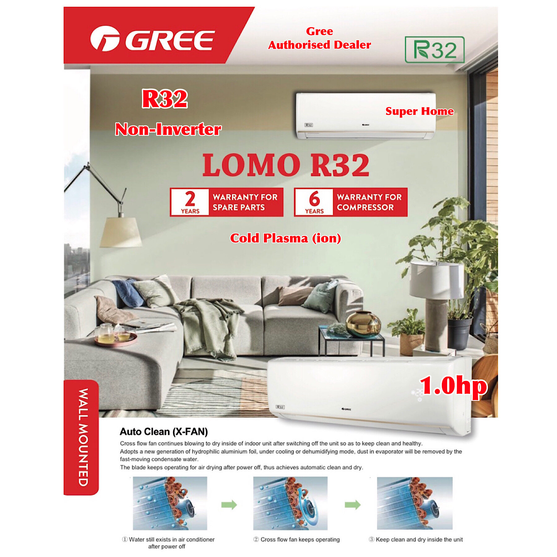 Gree 1hp Non Inverter Aircond R32 GWC09QC-K6NNB4B/I & GWC09QC-K6NNB4B/O ...