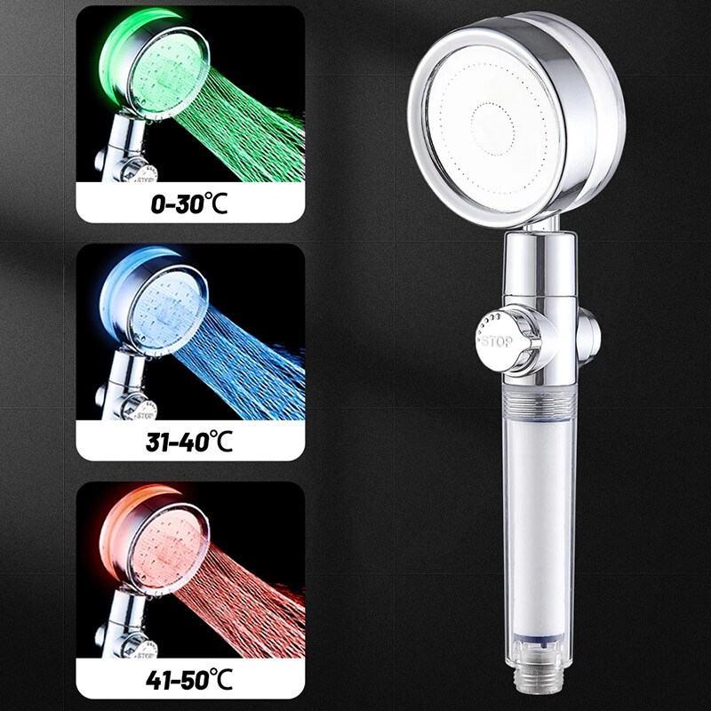 Led Shower Nozzle High Pressure Water-Saving Filter Bathroom Accessories Turbocharger Color Changing Rain Shower Nozzle