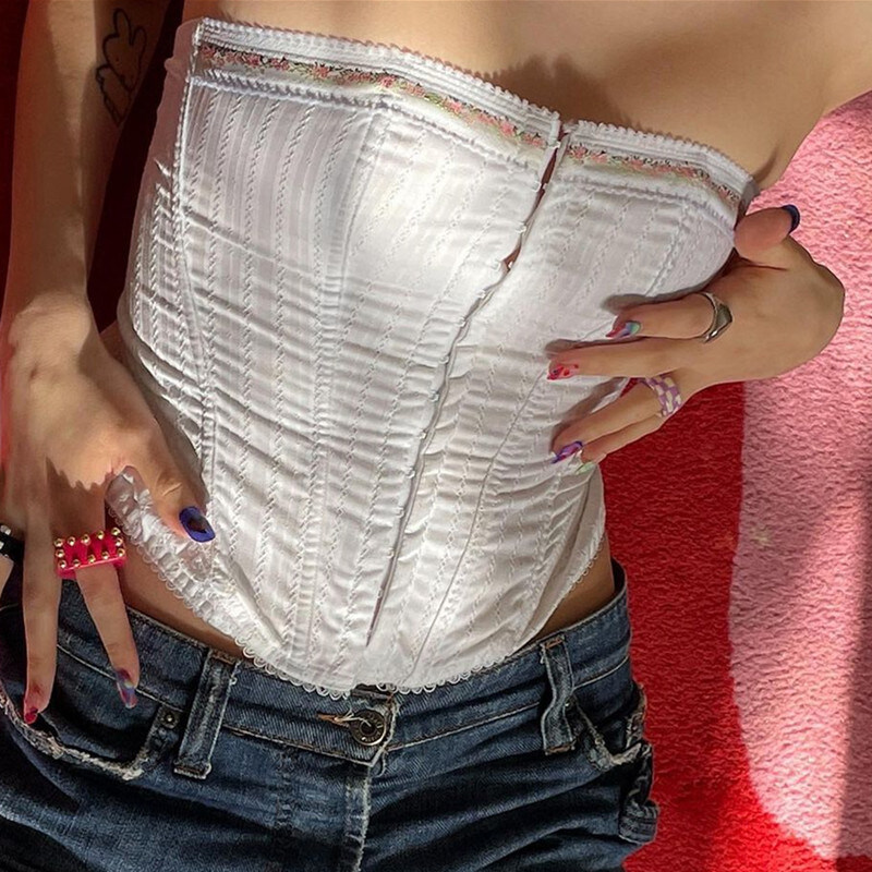 Simon Women Vintage Backless Lace Trim Corset Tops Y2K Aesthetics ที่