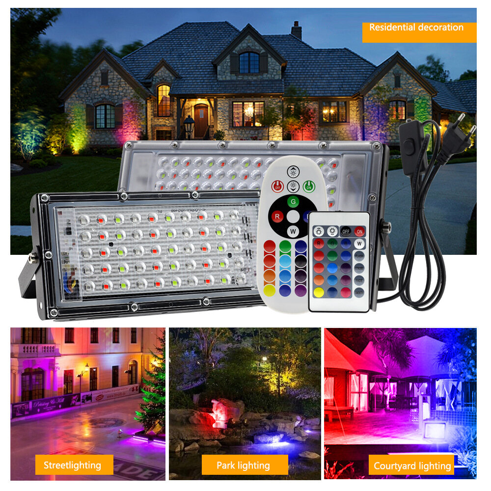 50W 100W 150W RGB LED Floodlight  With ON/OFF Switch Outdoor Waterproof Landscape Spotlight Lamp Remote Controller