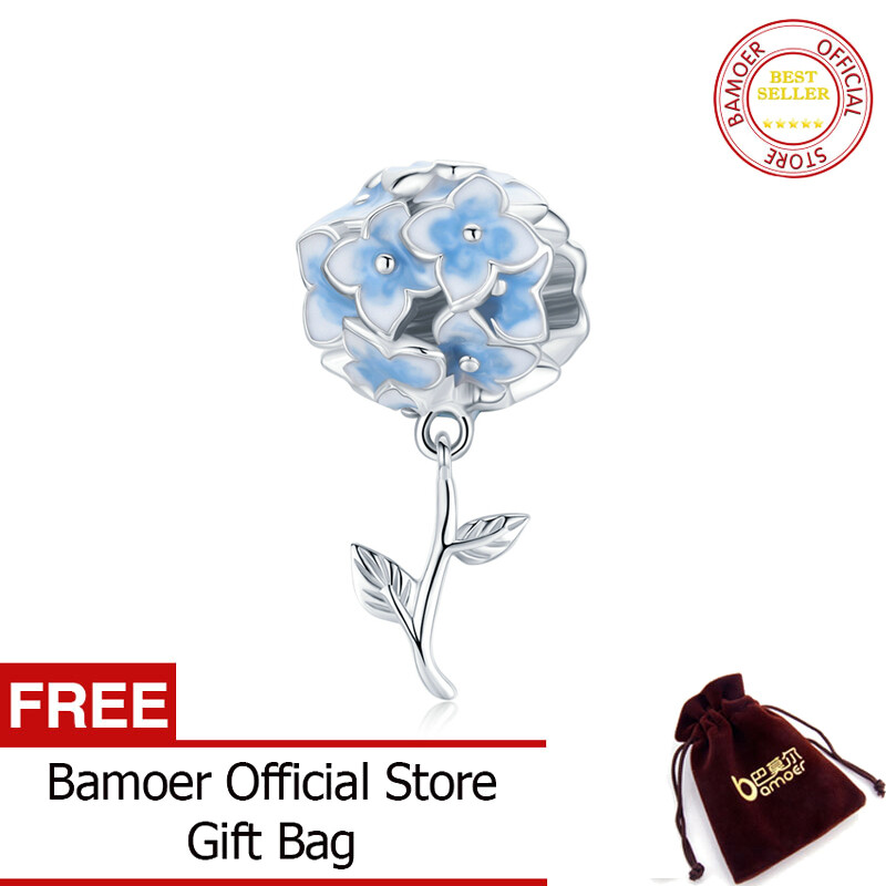 BAMOER 3D Blue Color Flower 925 Sterling Silver Hydrangeas Pendant Charms Fit Original Bracelet Jewelry BSC392