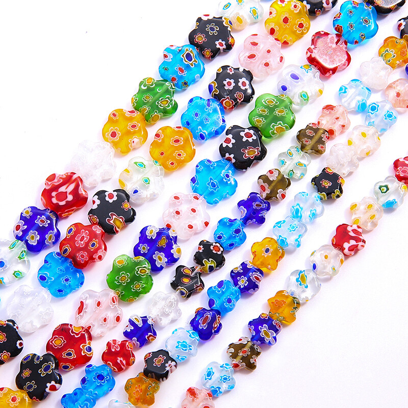 10/12mm Mixed Colors plum blossom Flower Patterns Millefiori Glass Lampwork Loose Crafts Beads for Necklace Bracelet Earring Making DIY Jewelry Making Findings Length About 36cm