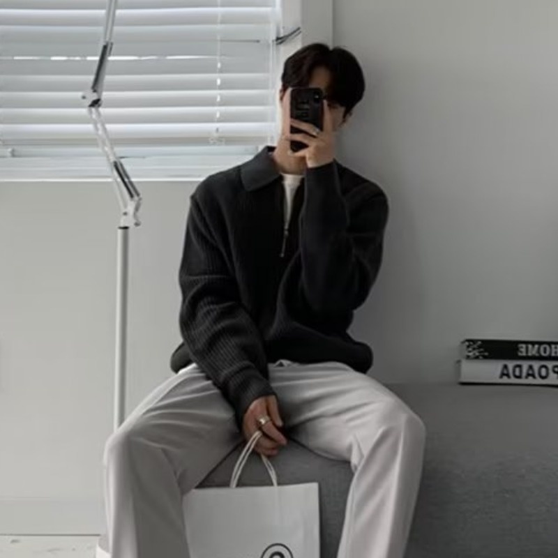 H half zipper sweater men's autumn winter style Japanese vintage high-end lazy lapel knitwear loose casual S86_voghion.com