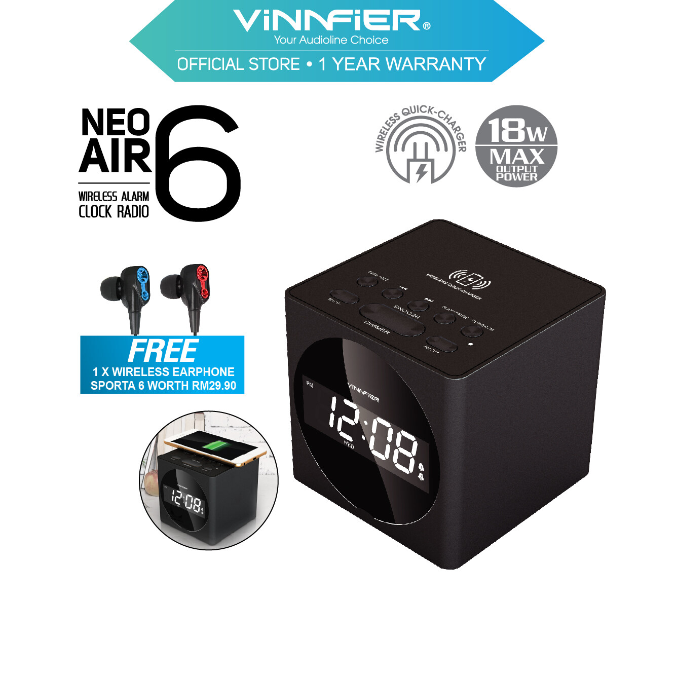 Vinnfier Neo Air 6 Wireless Charging Bluetooth Speaker with Alarm Clock