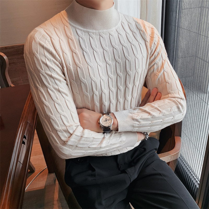 BULUOLANDI Half Turtleneck Sweater Fall/winter Men's British Slim Twisted Knit Sweater Pullover Bottoming Shirt778_voghion.com