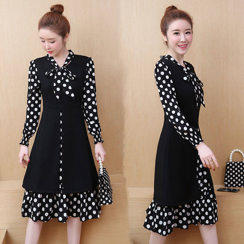 Dress Waist Hugging Slim-Looking Large Size Dress 2023 New Style Fat mm Polka Dot Long Sleeve Skirt Mid-Length