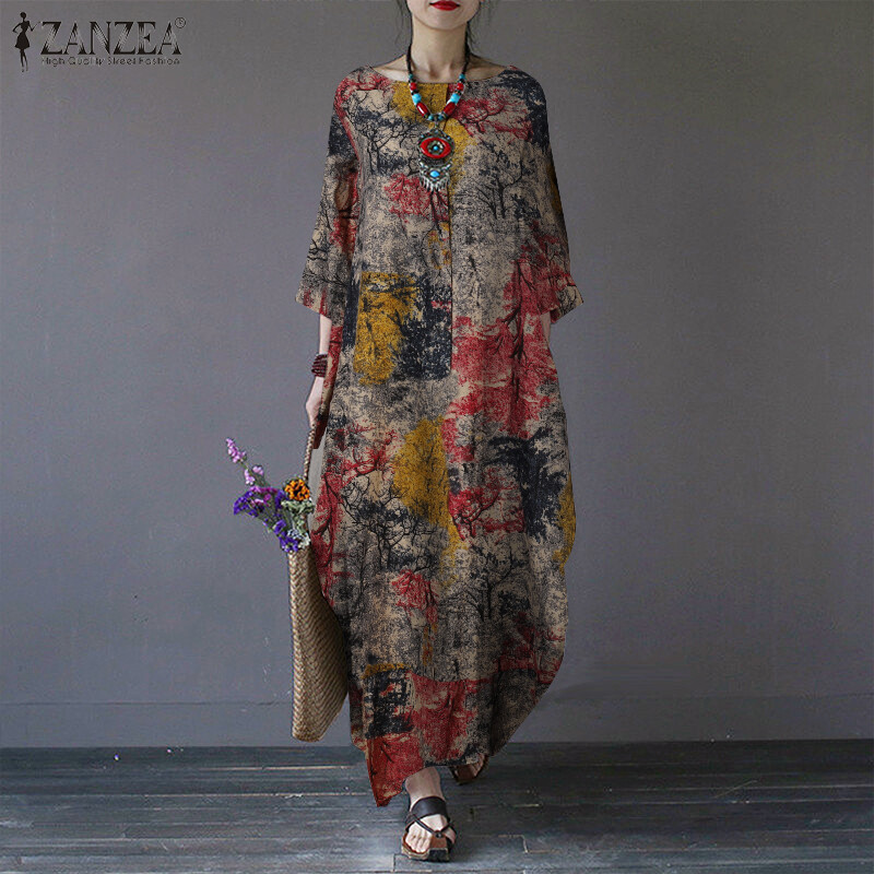 ZANZEA Women Long Sleeve Retro Floral Printed Dress Casual Loose Kaftan Maxi Dresses