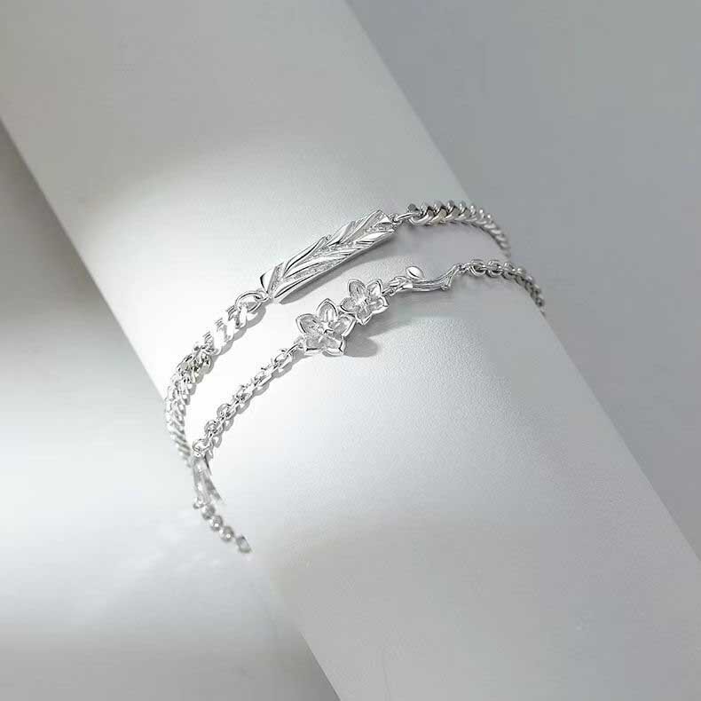 Thanh lịch phong cách đơn giản quên-me-không hoa mặt dây chuyền hình lá Bangles titan bạc thép nam nữ thời trang đôi trang sức vòng đeo tay