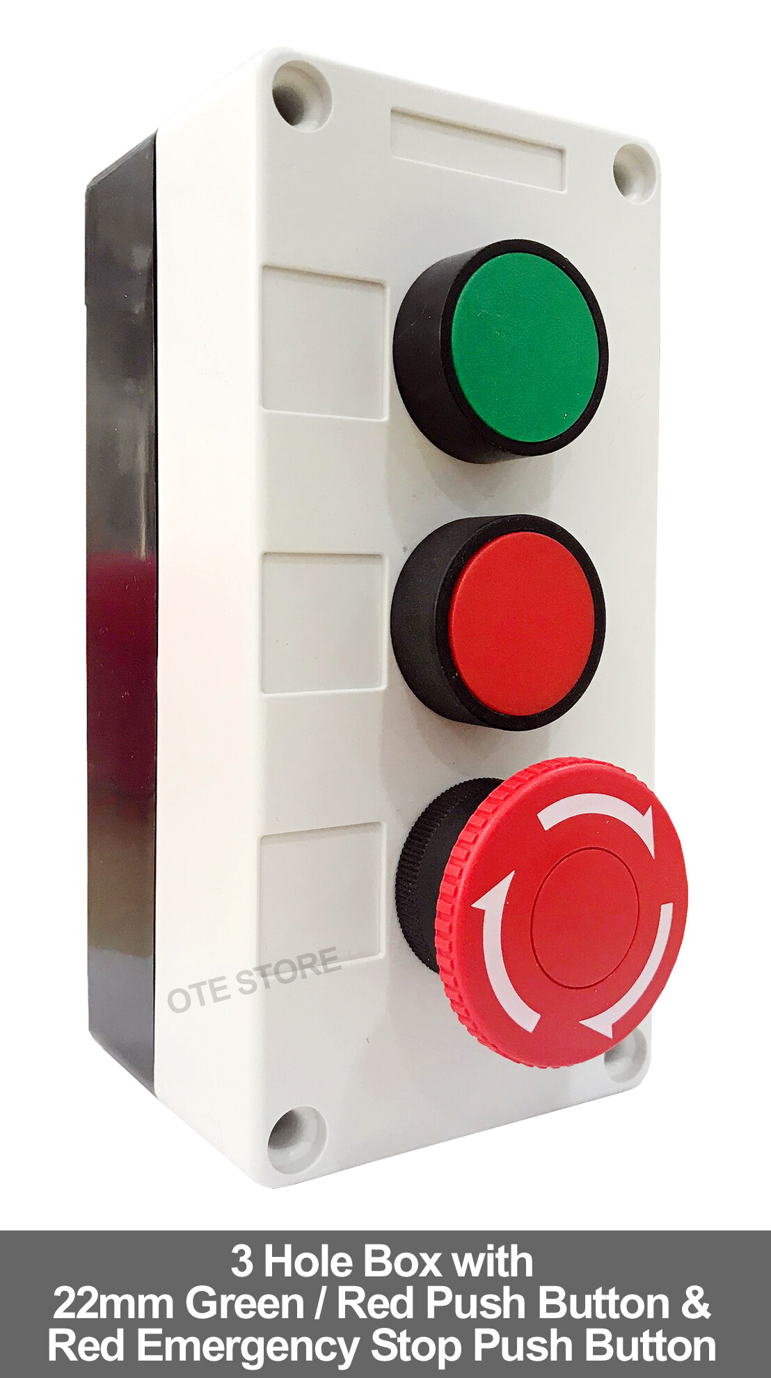 3 Hole Box With 22mm Green   Red Push Button & Red Emergency Stop 