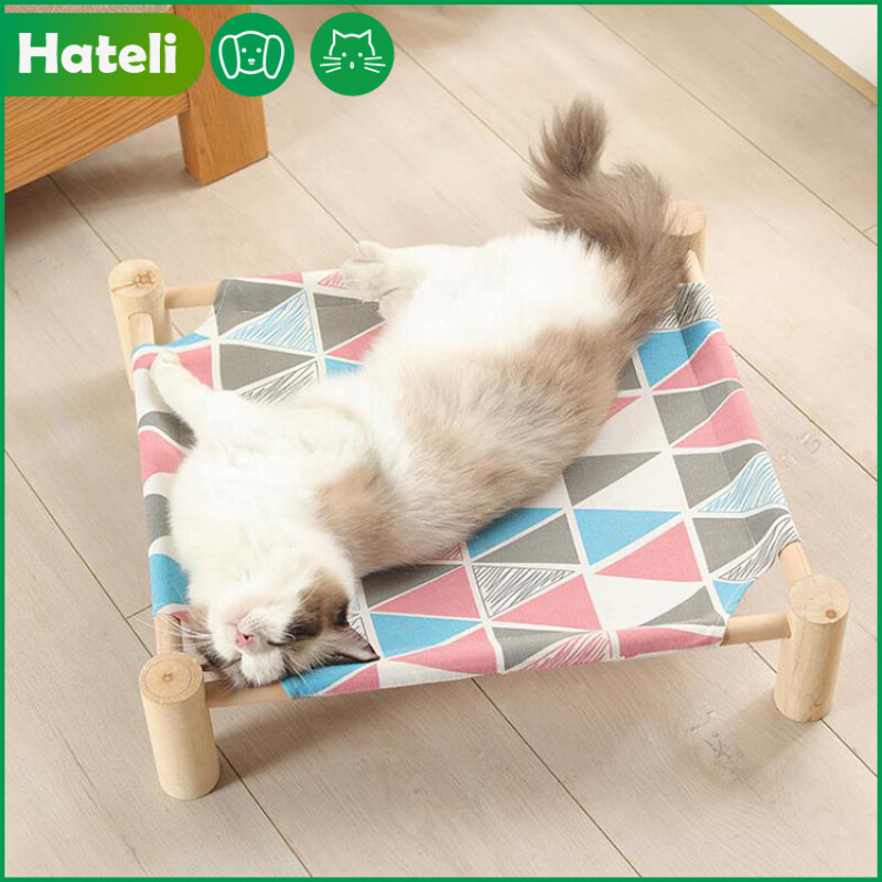 Cũi chó mèo hateli, khung gỗ, bốn chân, chống ẩm, thoáng khí, dễ lau chùi, giường gỗ cứng, dành cho chó, giường cắm trại thích hợp cho thú cưng nhỏ