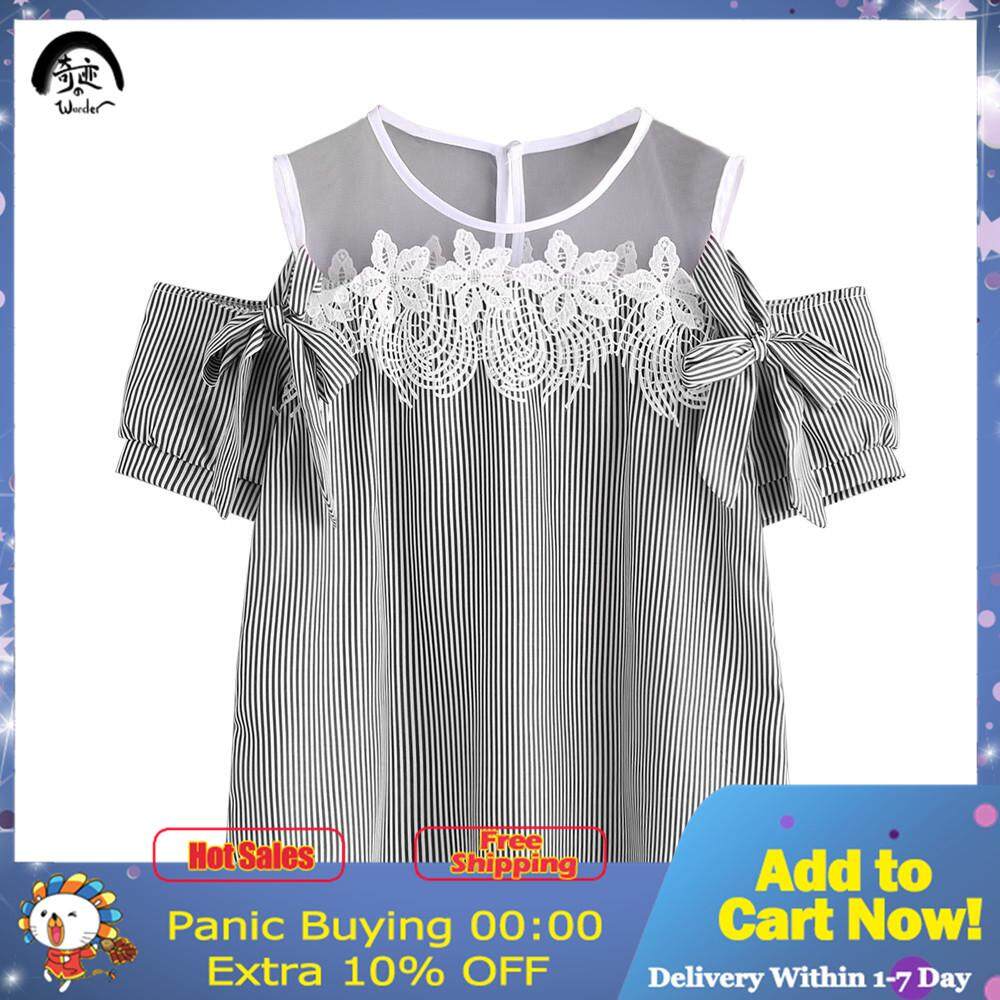 Women Fashion Short Sleeve Off Shoulder Lace Striped Blouse Casual Tops T-Shirt