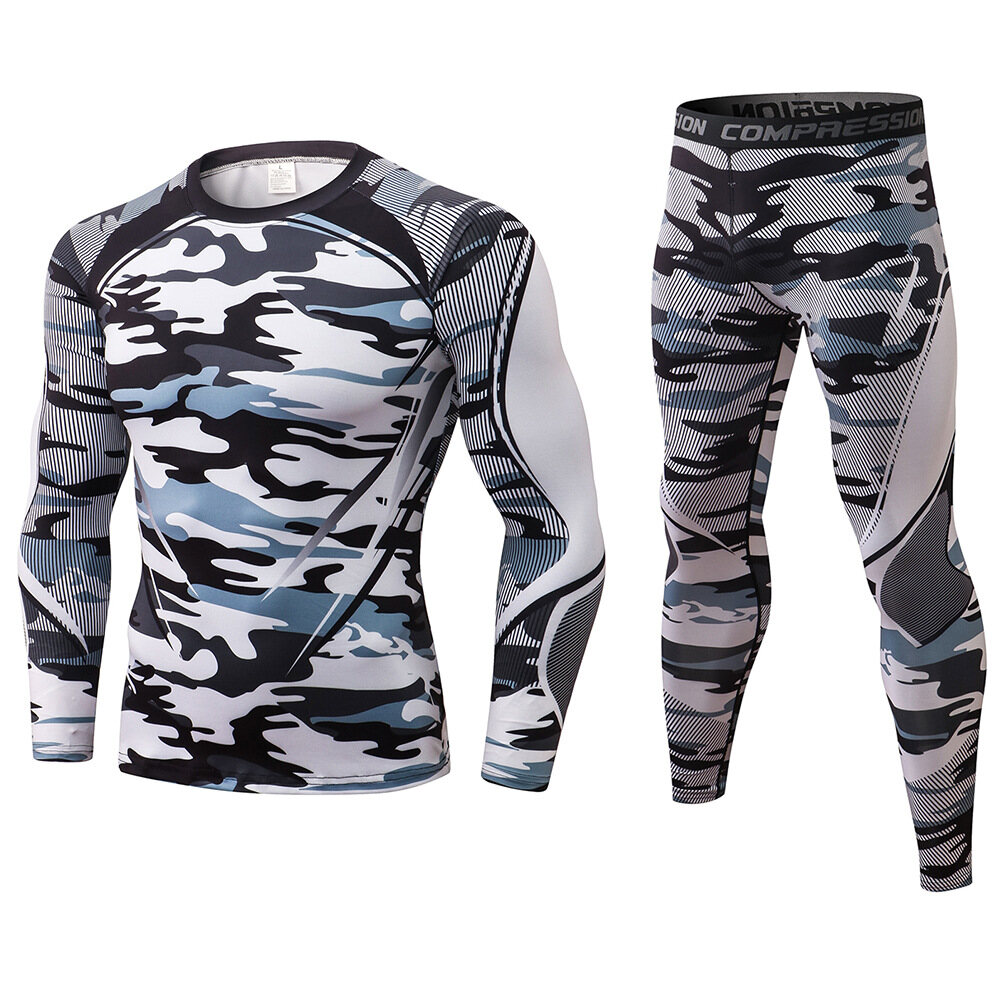 One Set Men's Compression Long Sleeve T-shirt Men Tight Pants Fitness Bodybuilding Cycling Sports Clothes Gym Running Sportswear