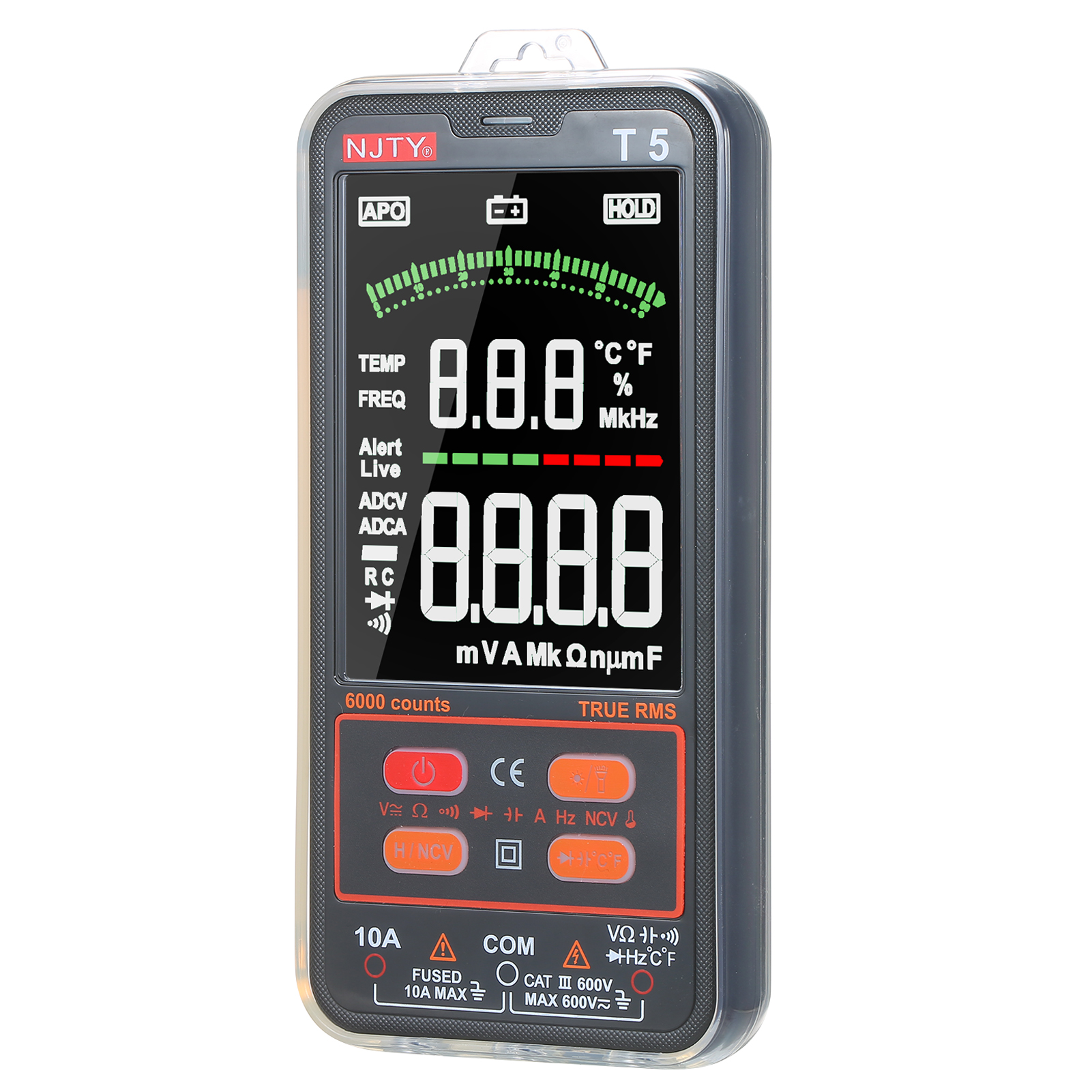 NJTY T5 6000 Counts True RMS Multimeter Digital Universal Tester 3.8-inches Large LCD Display Multi-Tester 600V Voltmeter 10A Ammeter AC/DC Voltage & Current Resistance Capacitance Temperature Diode Buzzer NCV Measurement with Dual Flashlight