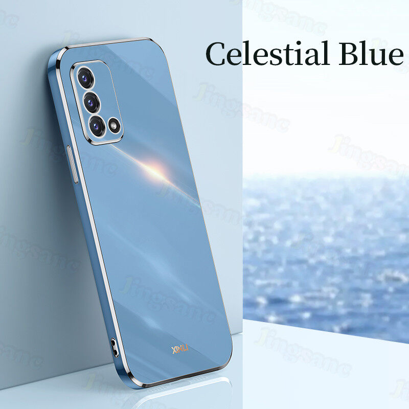 Jingsanc For OPPO A74 4G/A95 Phone Case Luxury Soft Silicone TPU Electroplating Straight Square Edge Casing Shockproof Simple Candy Color All-inclusive lens Back Cover