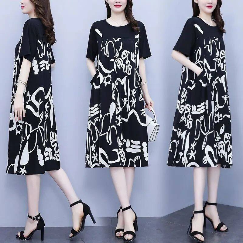 【Sw】 trung niên và người cao tuổi rộng vừa vặn màu đen và in trắng Ăn mặc