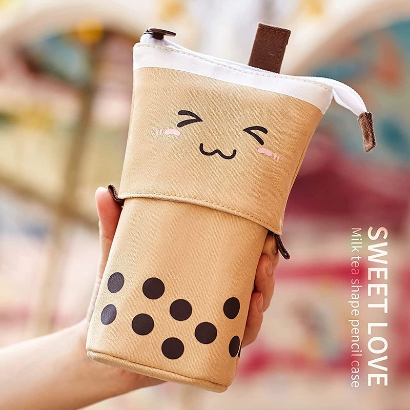Cute Boba Milk Tea Telescopic Pen Bag Pen Pencil Holder Stationery Case Stand Up Pencil Case Pen Box Stationery Pouch Bag