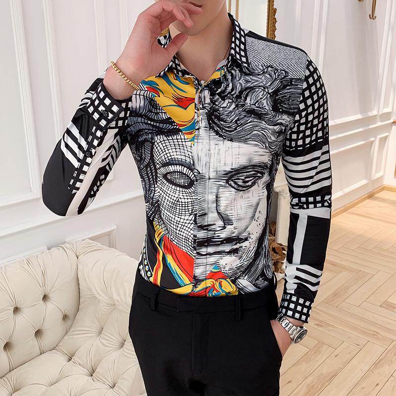 Cozy Up Men Slim Shirt Vintage Print Color Matching Classic Collar Long Sleeve for Party Work Club