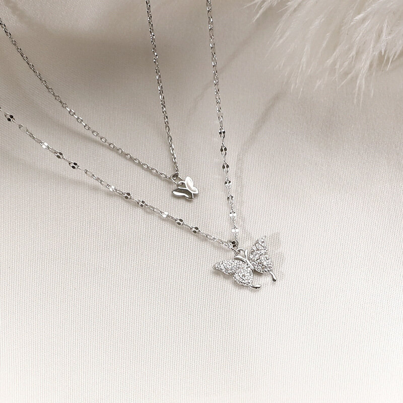 S925 Double Layer  Clavicalis Chain Butterfly Pendant