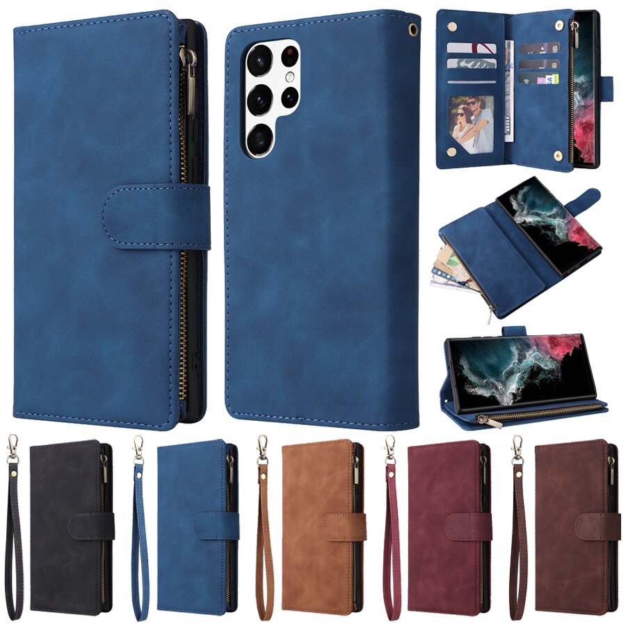 Retro flip leather case for samsung galaxy s23 ultra s22 plus s21 fe s20 fe s10 s9 s8 note 20 ultra 10 lite 9 cards wallet cover