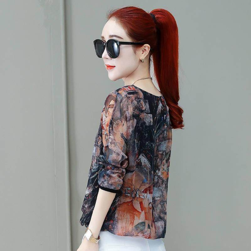 Floral chiffon shirt women's long-sleeved spring and autumn shirt loose