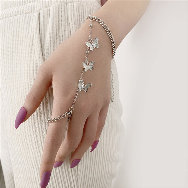 17MILE  Punk Ring Set Gold Color Long Chain Butterfly Shape Ring for Women Girls Fashion Hiphop Rings bracelet Party Jewelry Gift