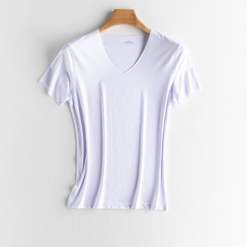 Hanlu Ice Silk Seamless Short Sleeve T-shirt for Men V-neck Summer Thin Elastic Fit Top Mesh Quick Drying