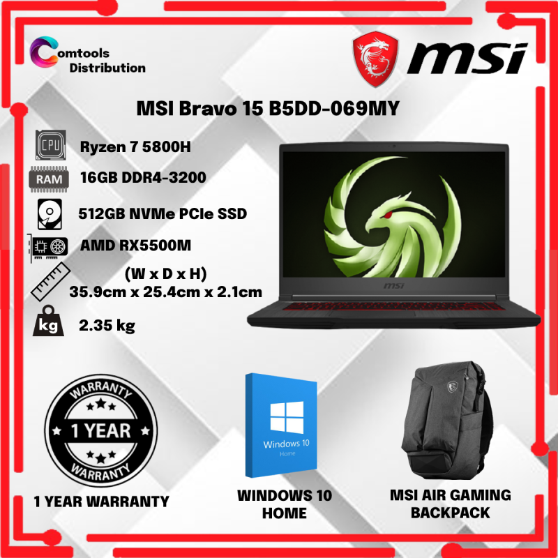 MSI Bravo 15 B5DD-069MY Gaming Laptop Black(AMD Ryzen 7/512GB SSD/16GB/AMD RX5500M-4GB/15.6-Inch FHD/W10) Malaysia