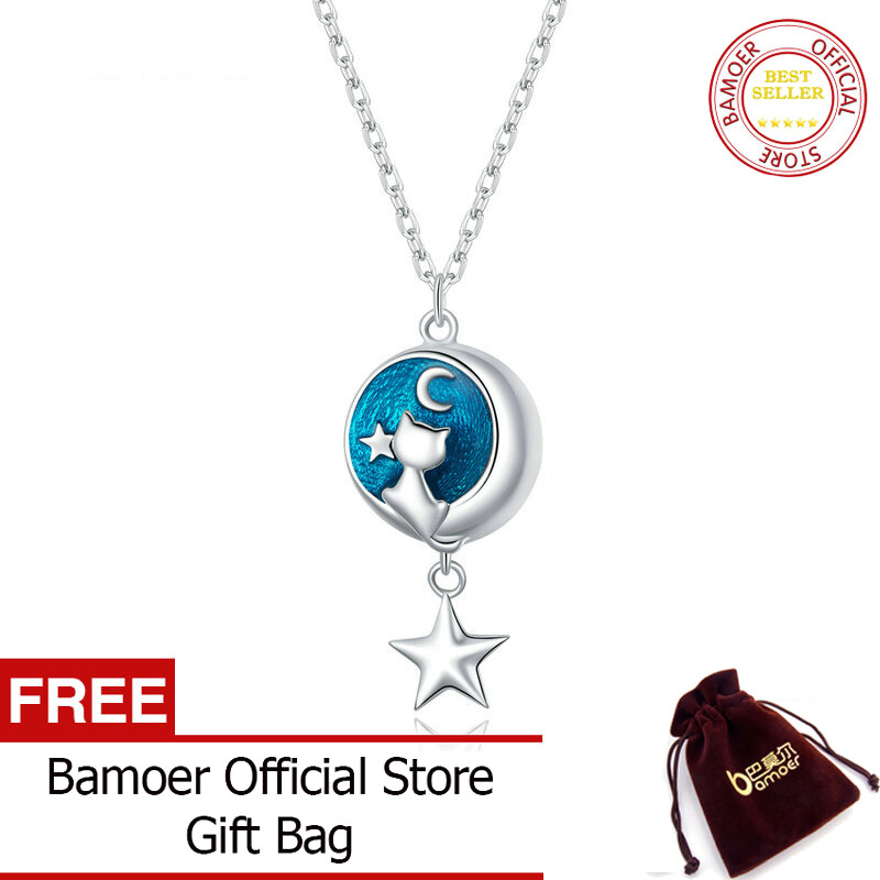 BAMOER Genuine 925 Sterling Silver Geometric Moon & Cat Pendant Necklace for Women Lover Couple Jewelry Gift 45cm SCN422