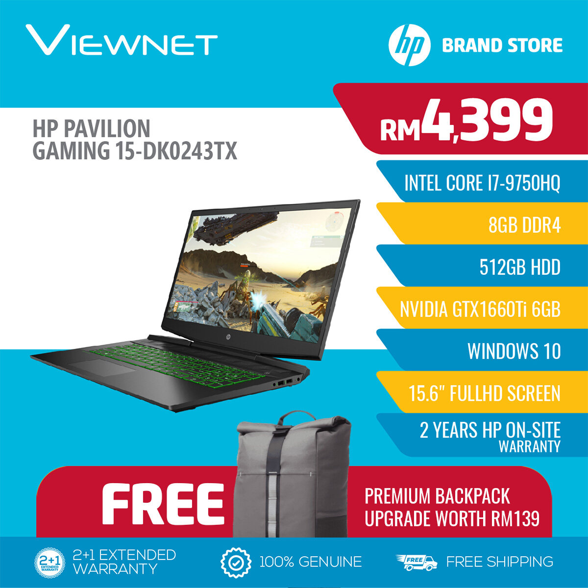 HP PAVILION GAMING 15-DK0243TX (I7-9750H/8GB/512GB SSD/GTX 1660 Ti 6GB/15.6 FHD/W10/2YRS) Malaysia