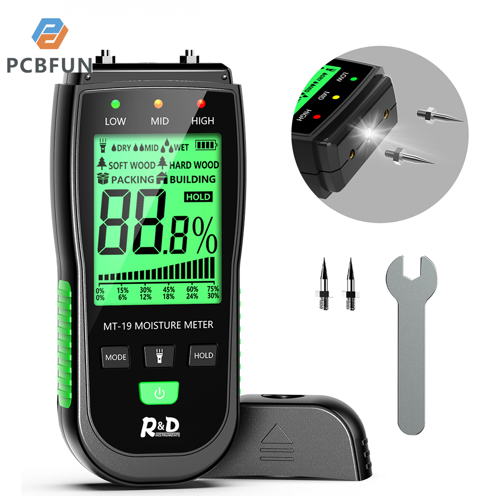 Pcbfun Digital Wood Moisture Meter Wall Hygrometer Wood Humidity Detector for Construction Carton R&D MT-19 Digital Moisture Meter for Firewood Timber and Brickwork