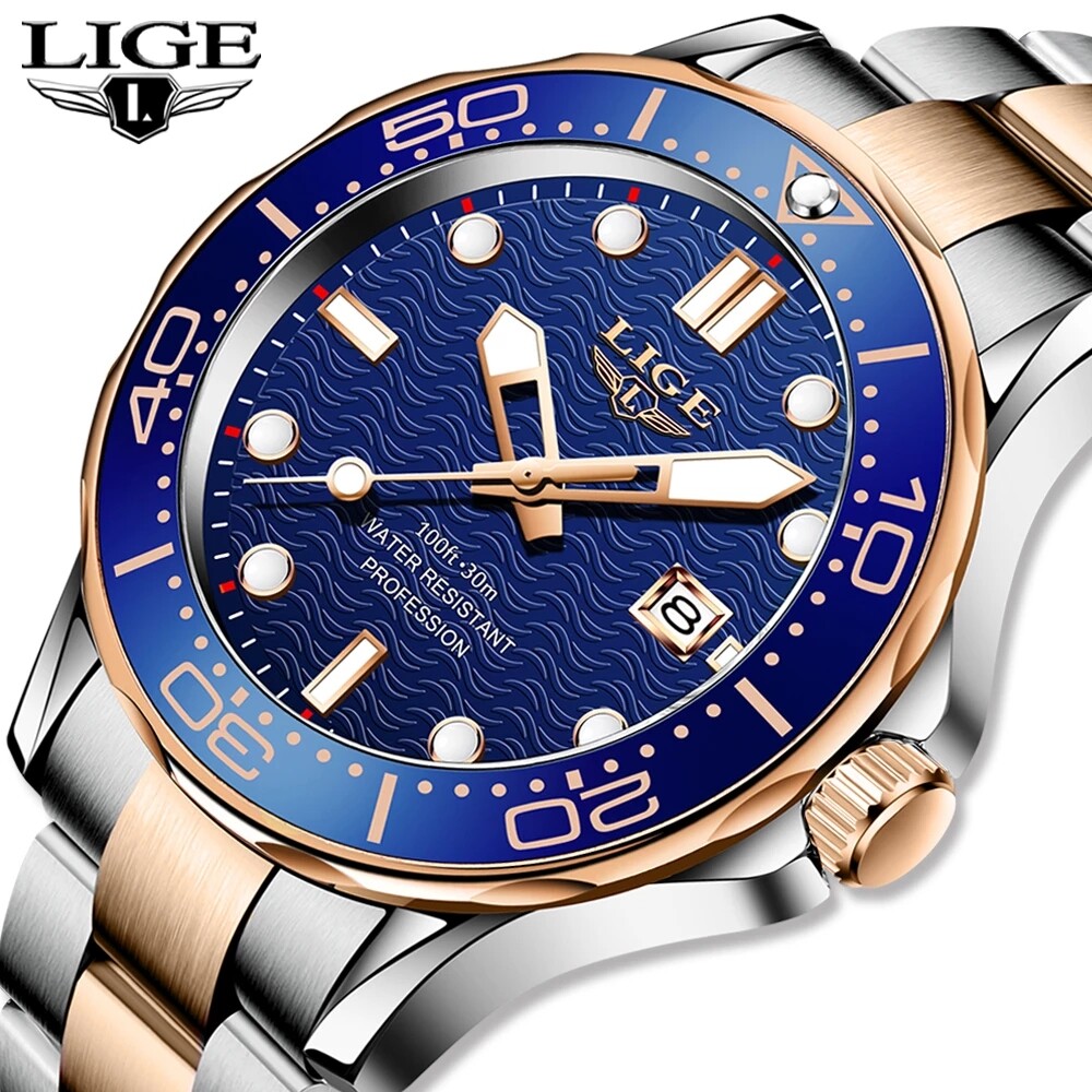 LIGE Sport Diver Watch Men Stainless Steel Waterproof Date Clocks Watch For Men Military Quartz