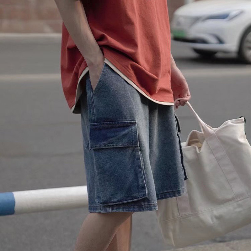 MOLAN Men's vintage denim shorts thin big pocket cargo pants junior loose casual shorts