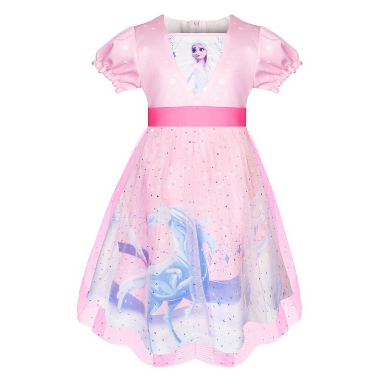 Frozens Anna Elsa Baby Girls' Sleeveless Gauze A- Line Dress Cartoon Printed Puff Sleeve Mesh Princess Dress 5611 Summer Fashion Casual Swing Dress