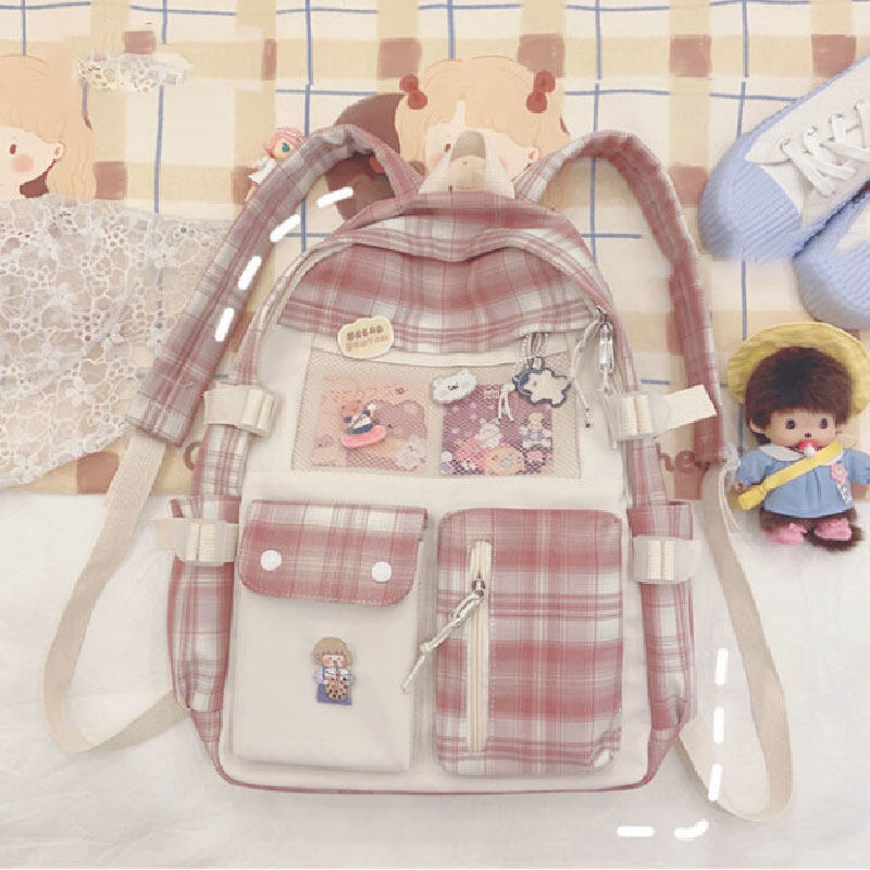 HOBIBEAR Student schoolbag ins schoolbag Cute large size backpack Junior high school checkered schoolbag