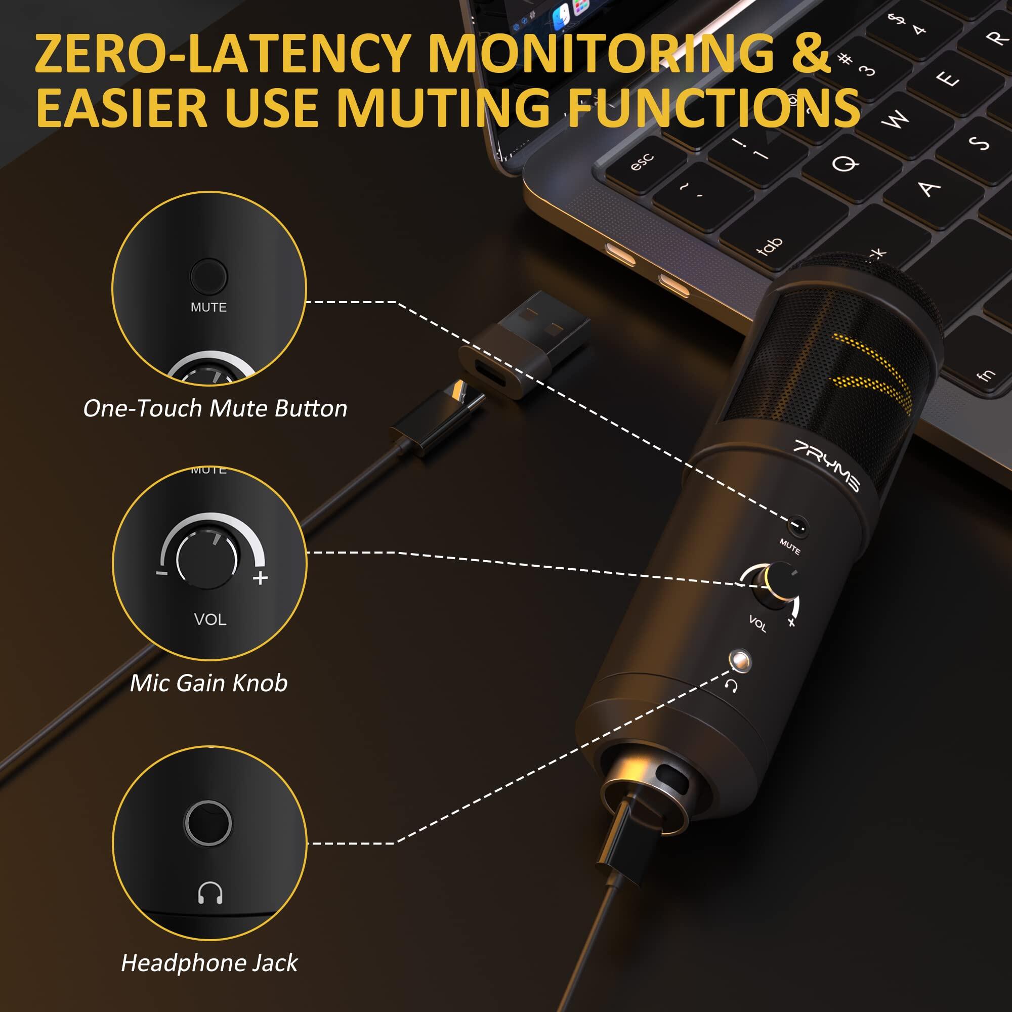 7RYMS Condenser USB Microphone SR-AU01-K2 Studio Microphone Kit with Desk Stand, Pop Filter and Real-time Monitor Gaming-Mic 192kHz/24bit Tape to Mute Microphone for PC for Streaming Podcast Recording ASMR, for Computer, Phone