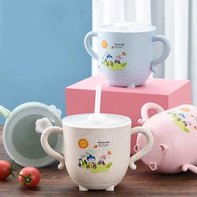 280ML Children Drinking Cup Wheat Straw Straw Cup with Lid, Baby Milk Cup Kindergarten Drinking Cup Anti-fall and Anti-scalding Cup
