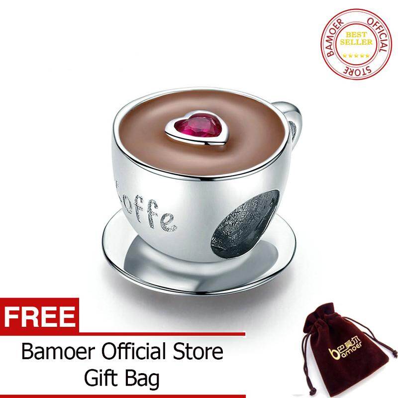 BAMOER Coffee Cup Metal Beads for Women European Charm Bracelet 925 Sterling Silver Enamel Fashion Charms Jewelry SCC1286