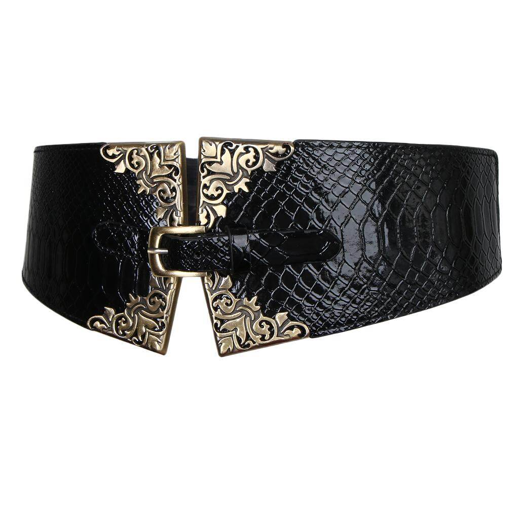 Hellery Women's Leather Belt Wide Corset Elastic Vintage Waist Belt Girdles Flower Buckle Dress Belt