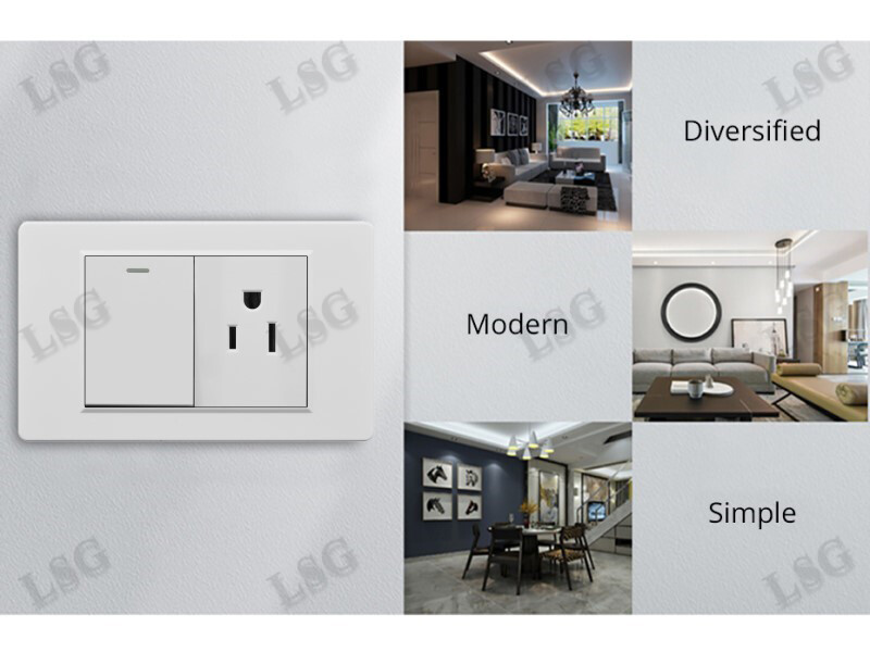 【LSG】Type 118mm wall switch outlet socket 3 pin US standard socket with 1 gang 2 way light switch Panel PC flame retardant 250V 15A Household Safety Universal outlet