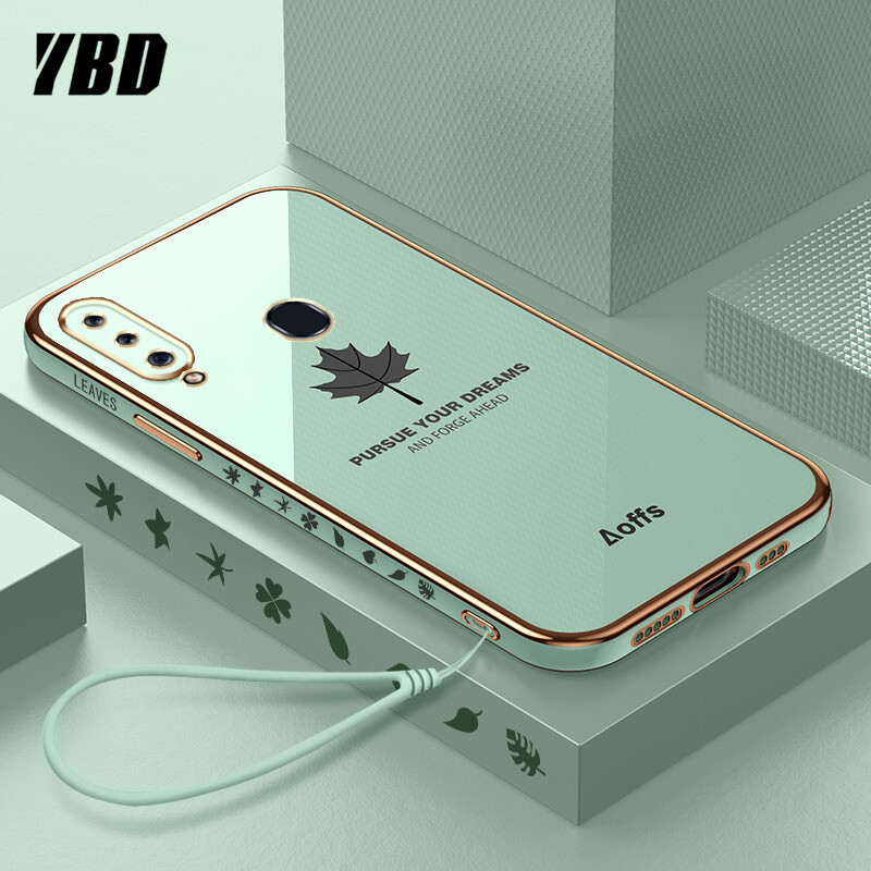 YBD Straight Edge Plating Phone case For Samsung Galaxy A20S A10S casing,Precise Camera Protection case Maple leaf pattern cover with Free lanyard