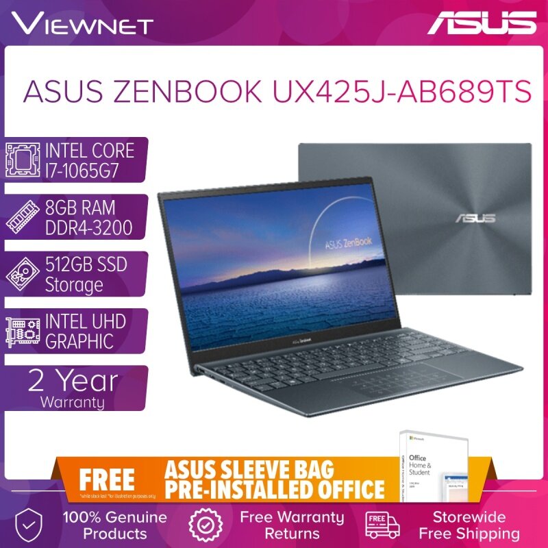 ASUS ZENBOOK 14 UX425J-AB689TS LAPTOP INTEL CORE I7-1065G7 8GB DDR4LP 512GB SSD INTEL HD GRAPHIC W10 14 FHD PINE GREY 2 YEARS ASUS WARRANTY Malaysia