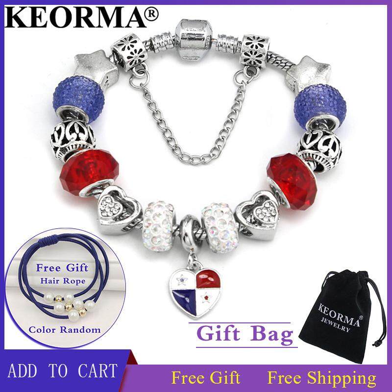 KEORMA Sang Trọng Nhiều Màu Quốc Kỳ Vòng Tay Charm Nữ Châu Âu Vintage TỰ LÀM Trang Sức Phóng Đại Vòng Tay Tình Yêu Trái Tim Lớn Lỗ Hạt Rắn dây chuyền Lắc Tay + Tặng Tóc Dây