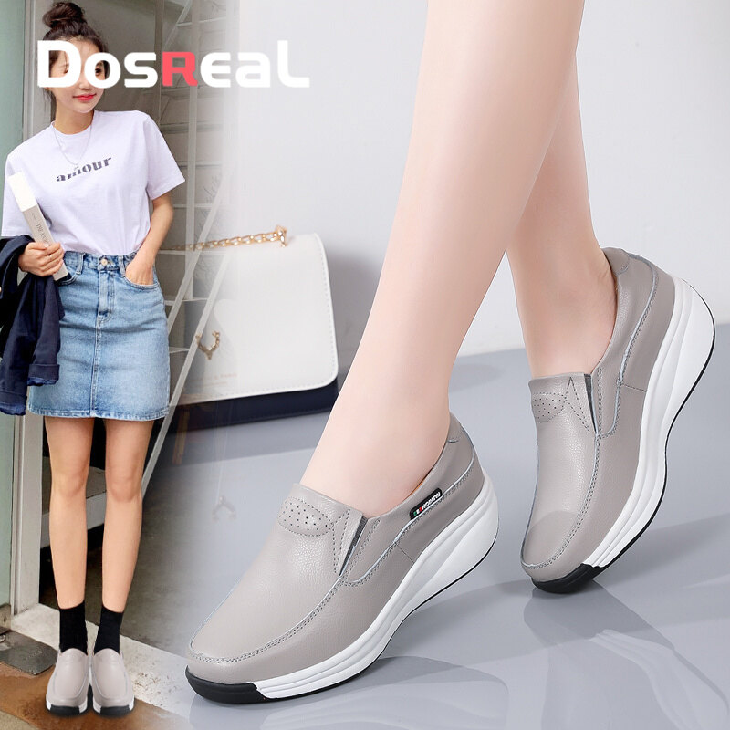 DOSREAL Spring Genuine Leather Casual Women Platform Shoes Korean Style Zips Thick Sole Wedge Shoes Black Women Boat Shoes