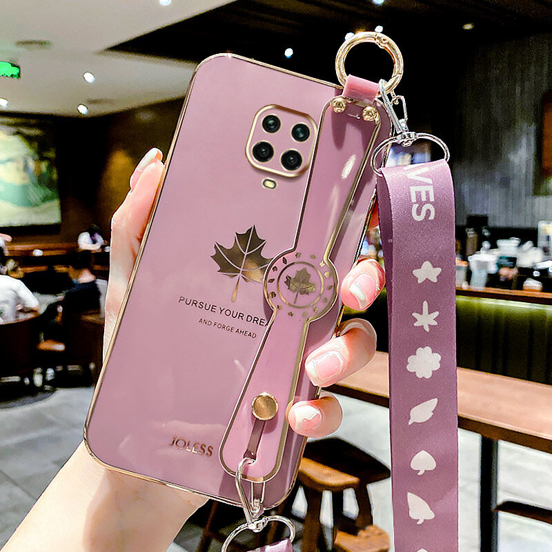 Ybd dây đeo cổ tay chủ vỏ điện thoại cho Xiaomi Redmi Note 9S 10 Lite Note 9 Pro Max mạ vỏ Lưu ý 9 Pro chính xác máy ảnh bảo vệ trường hợp Maple hoa văn hình lá bìa với dây đeo miễn phí