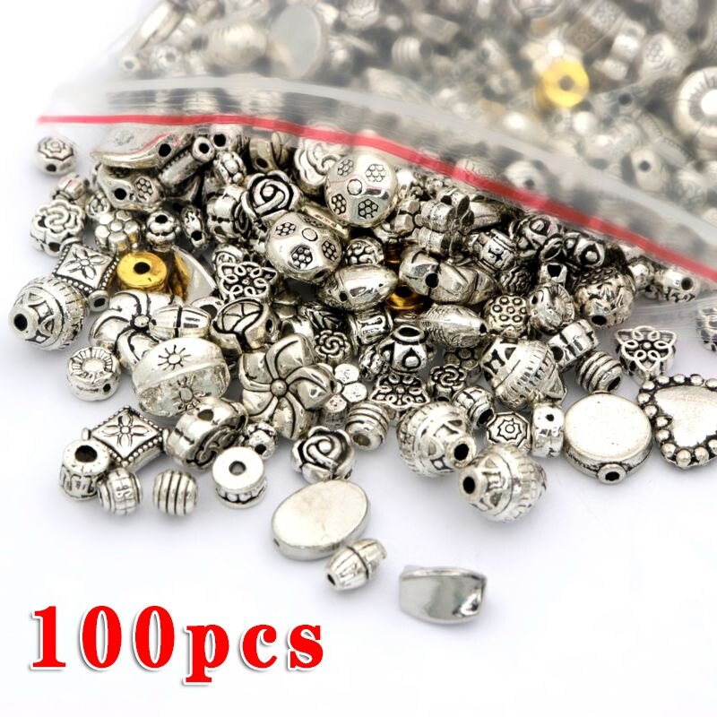 100pcs Loose Spacer Beads Metal Beads Charms For Needwork Bracelet Necklace Jewelry Making Tibetan Silver Color DIY Accessories
