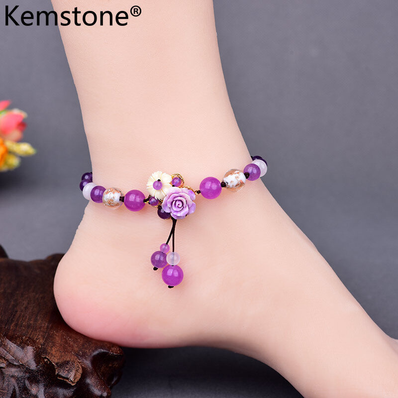 Kemstone Elegant Retro Purple Jade Resin Flower Anklet Jewelry Gift for Women Girls